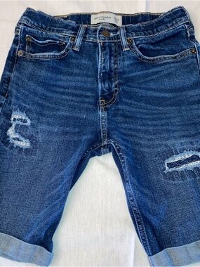 abercrombie kids dark blue distressed Denim Shorts with sewn up rips size 13/14